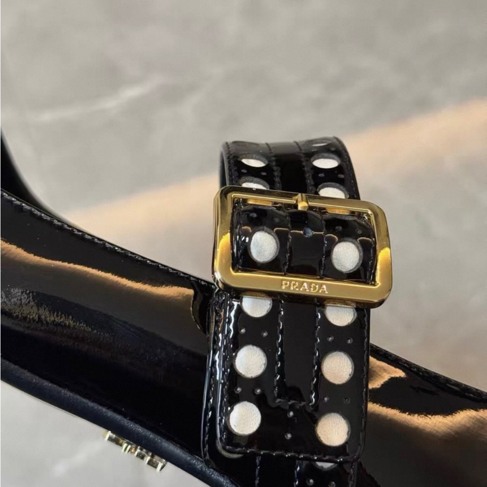 Prada Women's Black Patent Leather Flats with Studded Straps - Picture 6 of 7